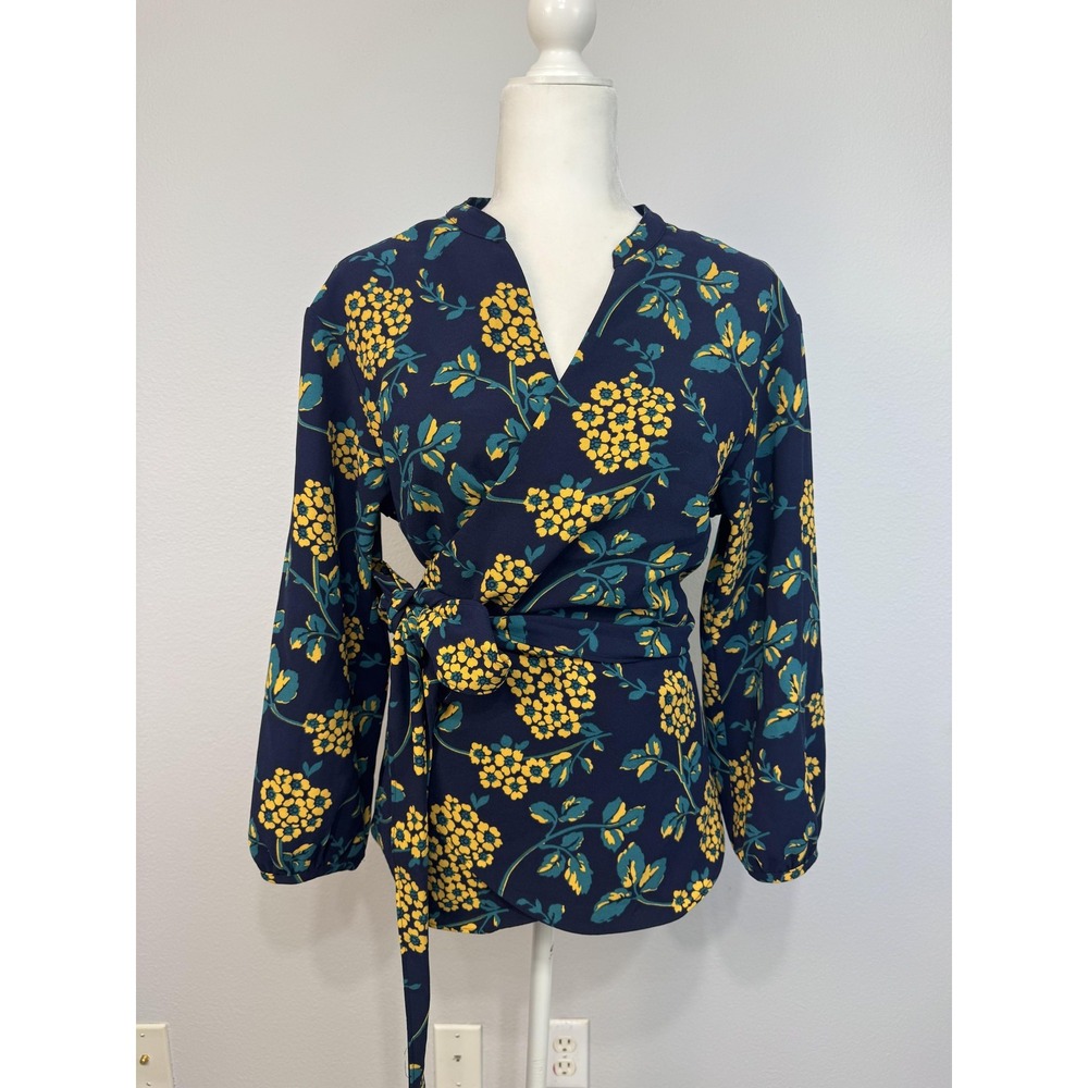 J.Crew Drapey Crepe Floral Wrap Blouse Women's Medium Blue Yellow Long Sleeve